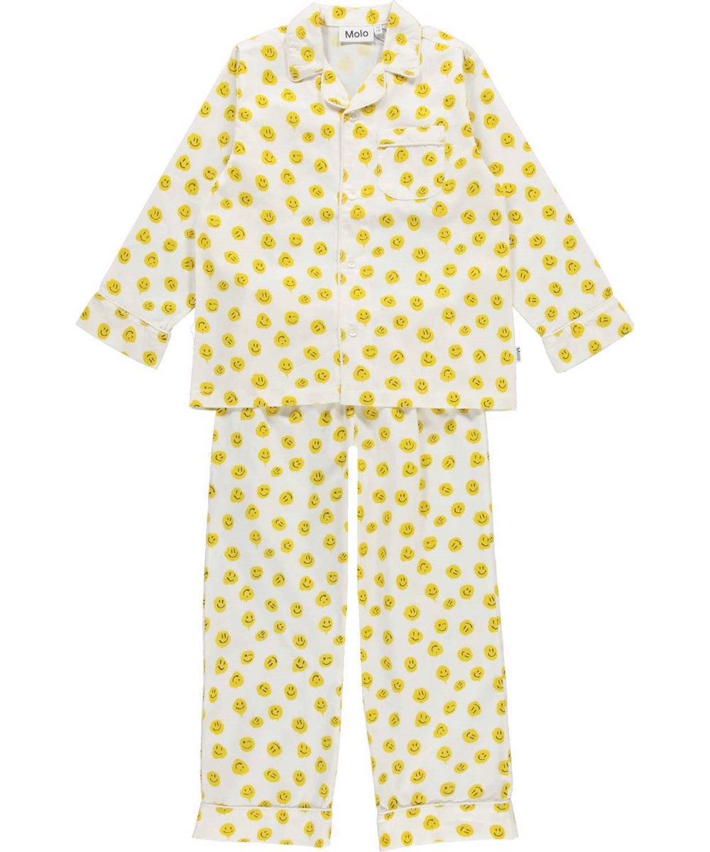 Lex - Happy Dreams - Vit pyjamas med gula sprayade smileys.