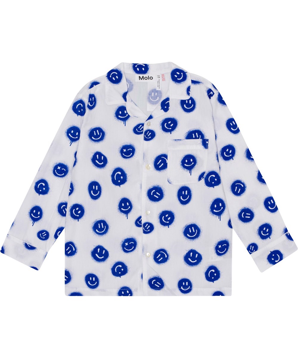 Lex - Smiles White - Vit pyjamas med byxor och långaärmad skjorta och blå smileys.
