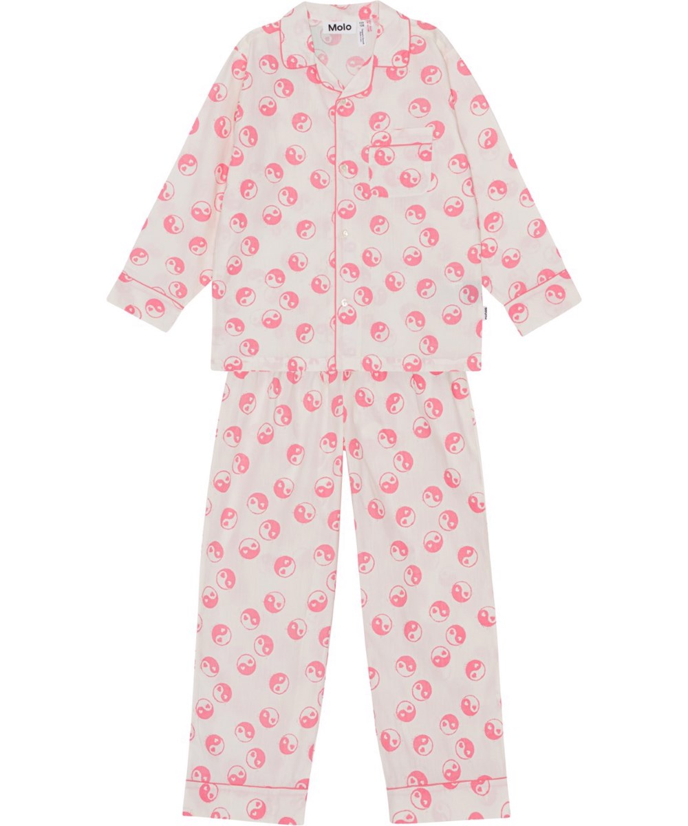 Lex - Yin Yang Confetti - Råvit pyjamas med byxor och långärmad skjorta och yin och yang symboler.