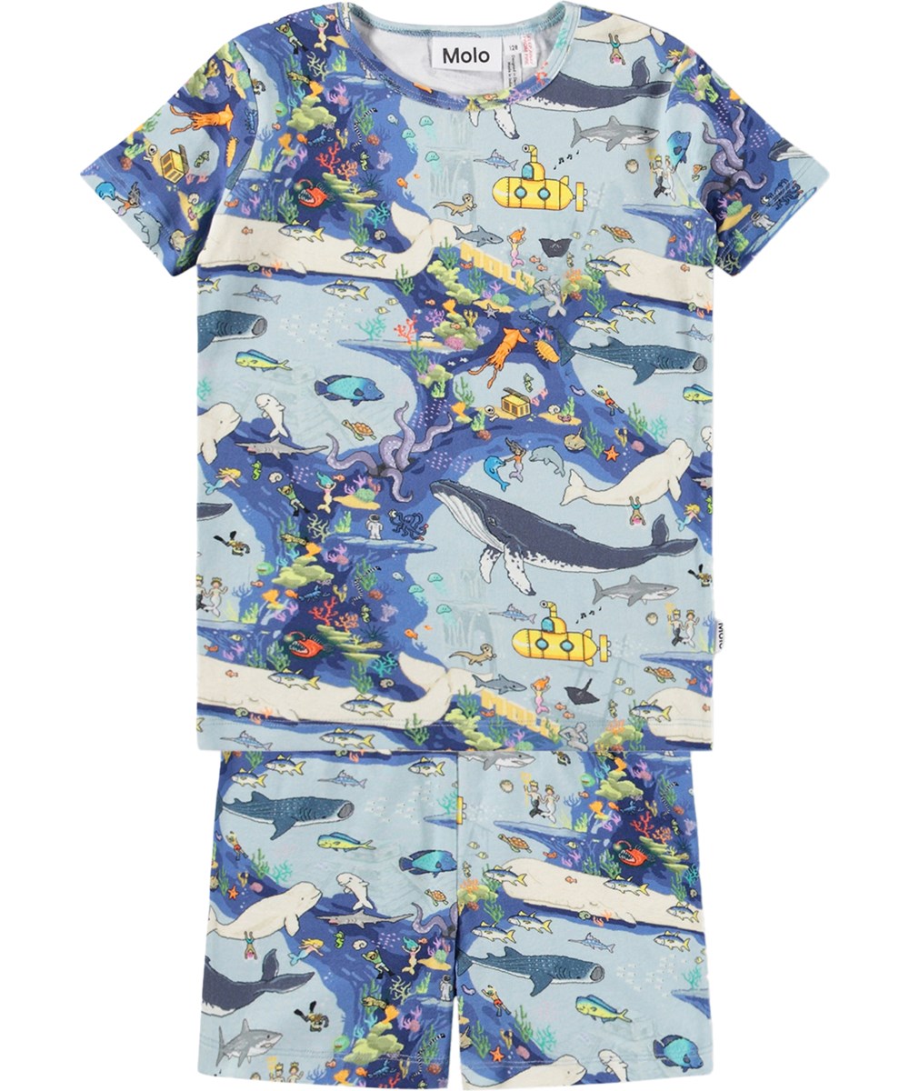 Lou US - Pixel Sea - Blå tvådelad pyjamas för barn i ekologisk bomull med mönster