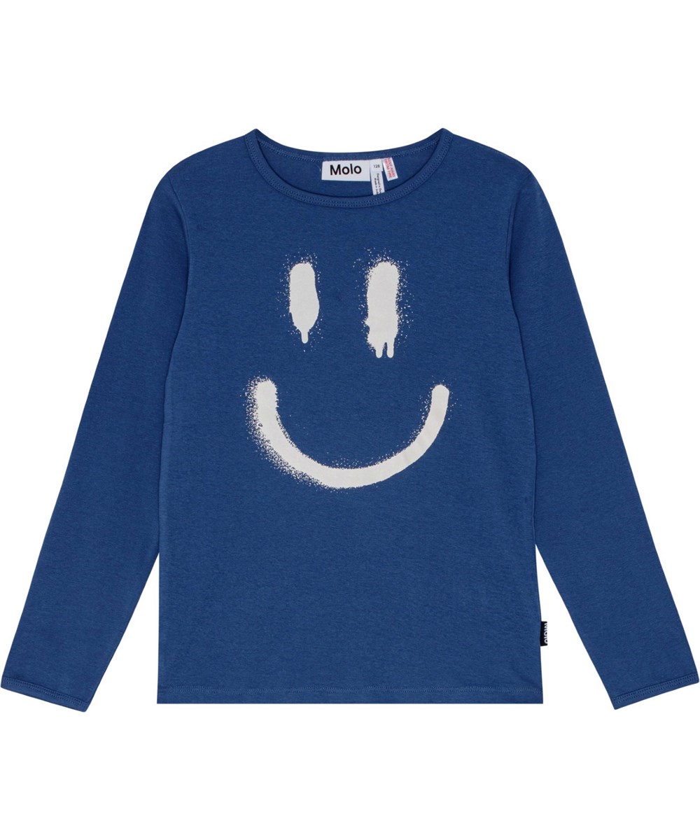 Lue - Calm Fjord - Mörkblå pyjamas i ekologisk bomull med tryckt smileymönster.