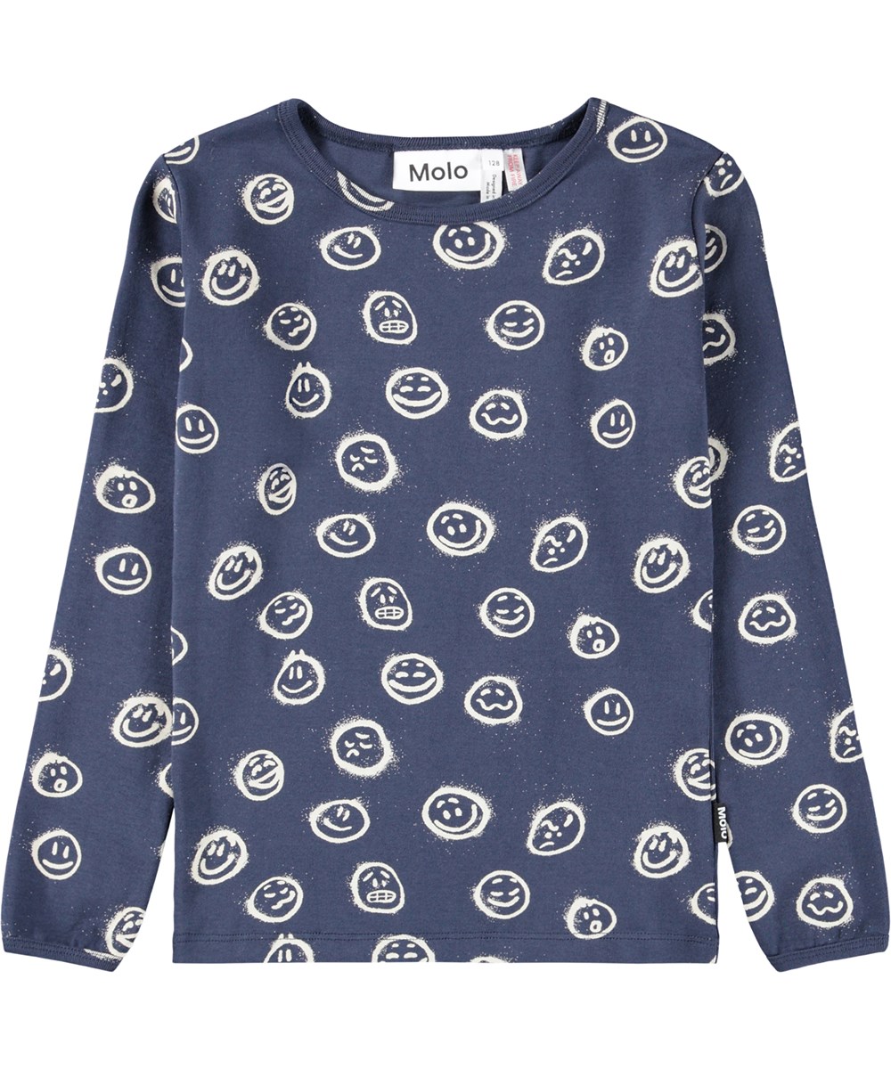 Lue - Galaxy Moods - Mörkblå pyjamasset för barn tillverkat av ekologisk bomull med vita ansikten spraymålade i olika stämningar.