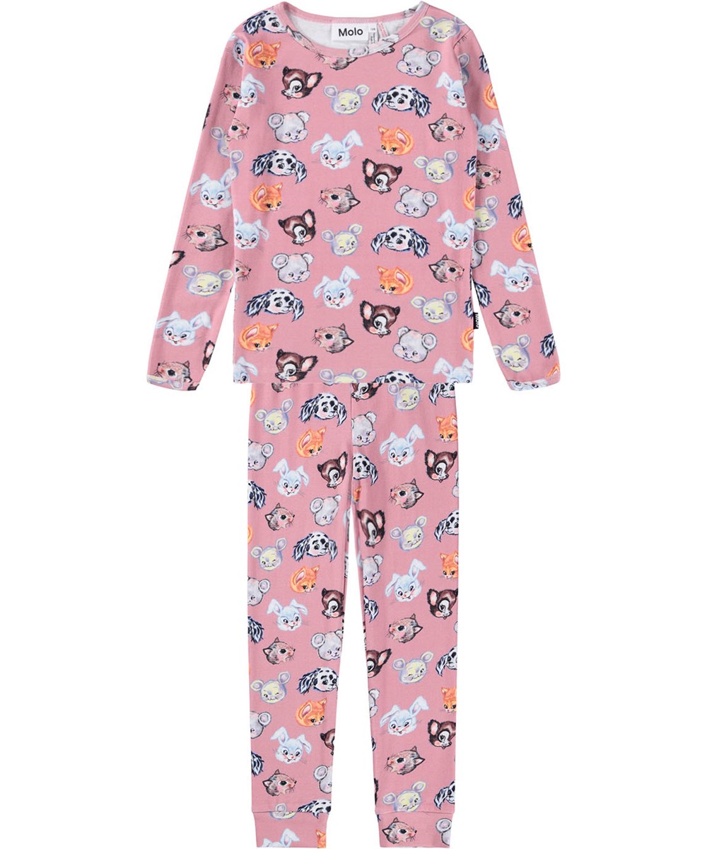 Lue - Itty Bitty Blush - Rosa pyjamas för barn gjorda av ekologisk bomull med färgglada söta ritade djur.