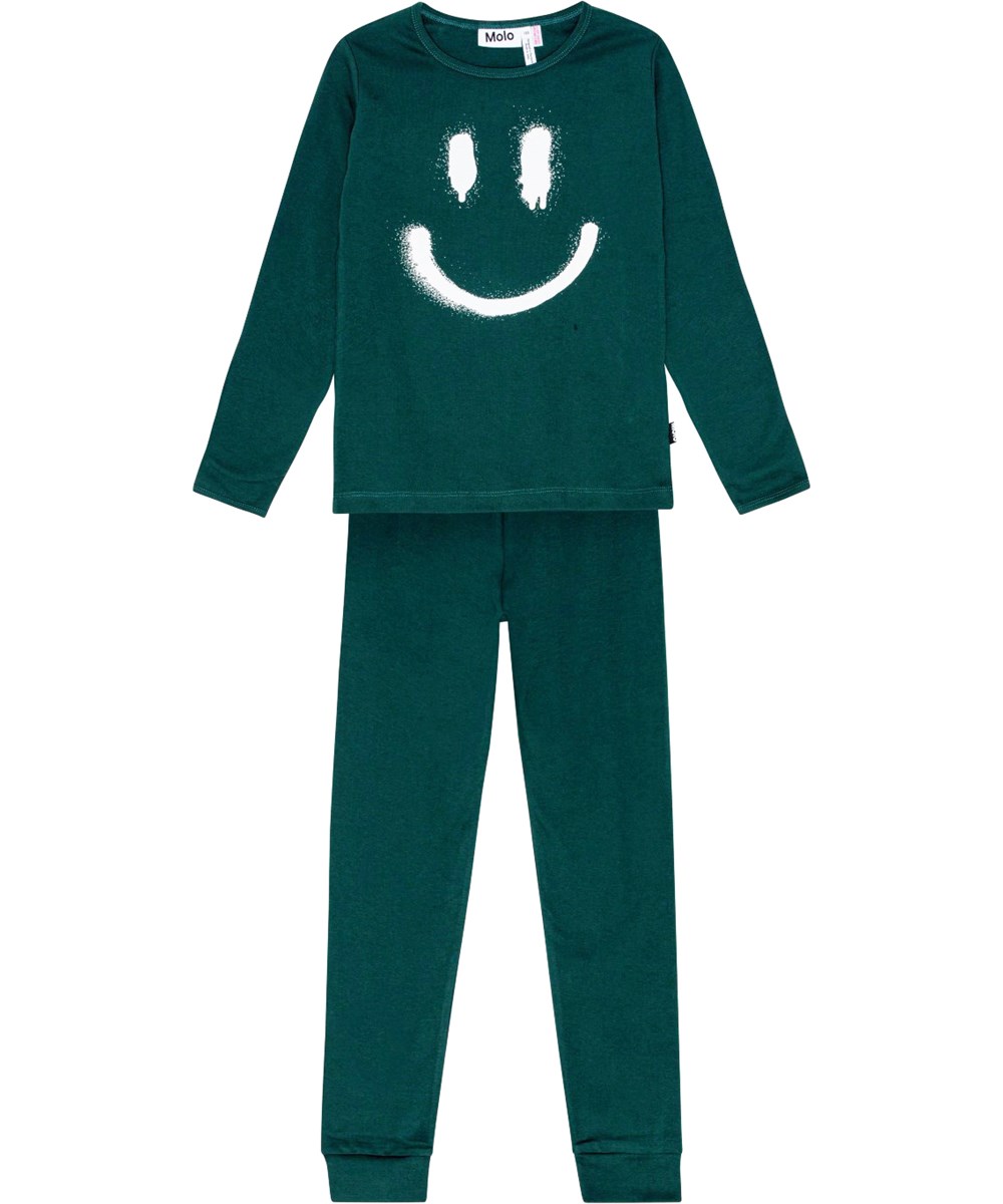 Lue - Ponderosa Pine - Mörkgrön pyjamas i ekologisk bomull med spraymålat smiletryck.