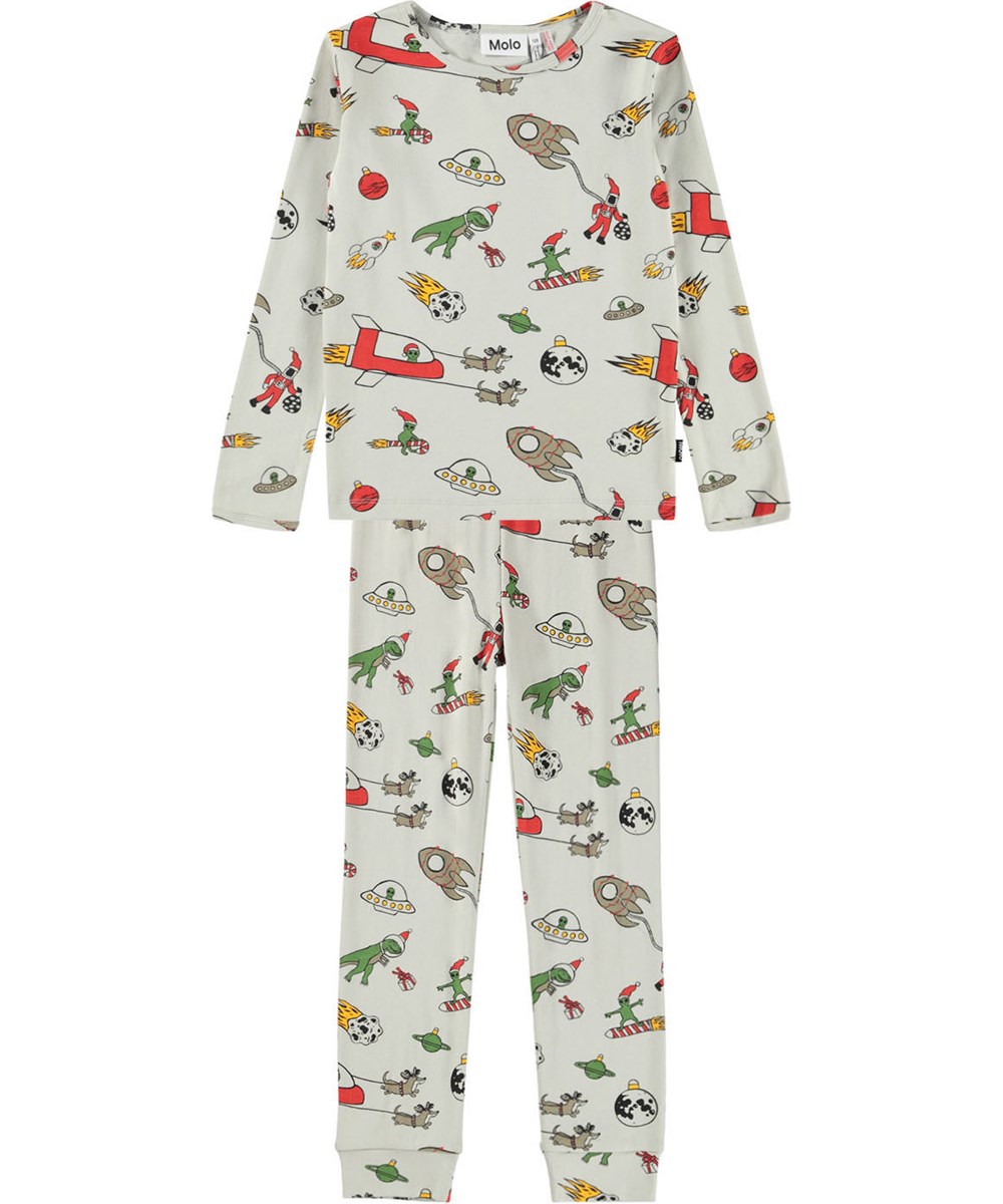 Lue - Spacy Nights - Beige pyjamas för barn tillverkade av ekologisk bomull med en färgglad jul i rymden.