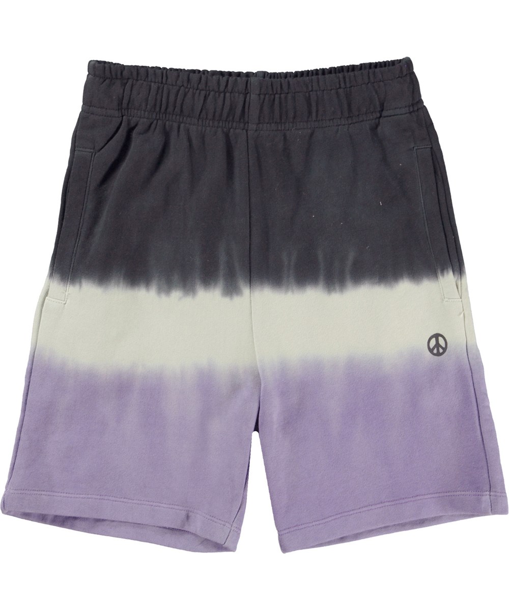 Adian - Purple Stripe Dye - Unisex shorts med ränder i lila, vit och grå.