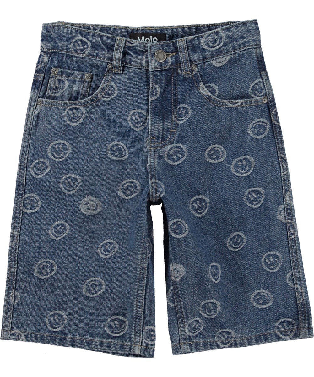 Art - Blue Happiness - Knälånga jeansshorts med smiley.