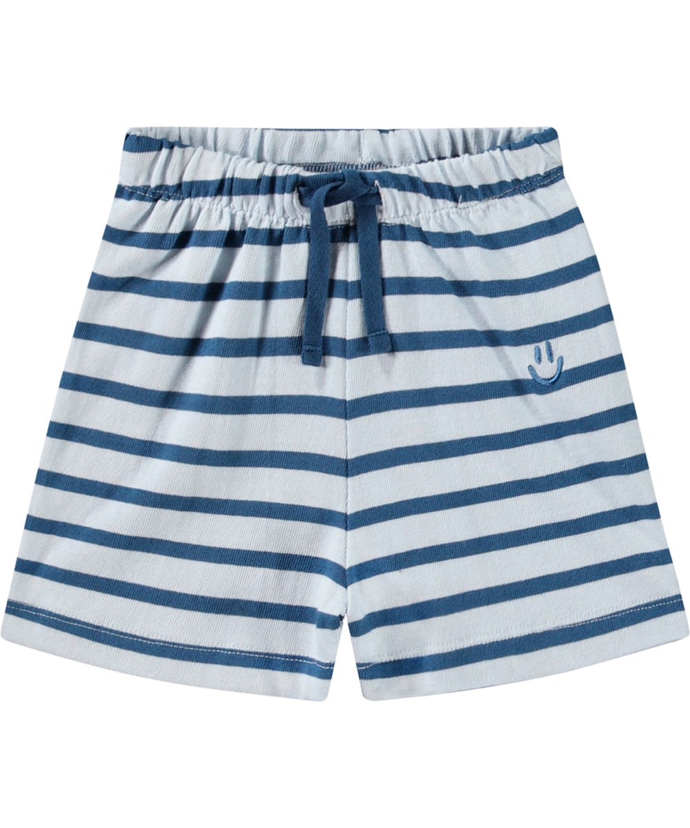 Skie - Lagoa Stripe - Mjuka ekologiska bomullsshorts för baby med ränder i nyanser av blått.