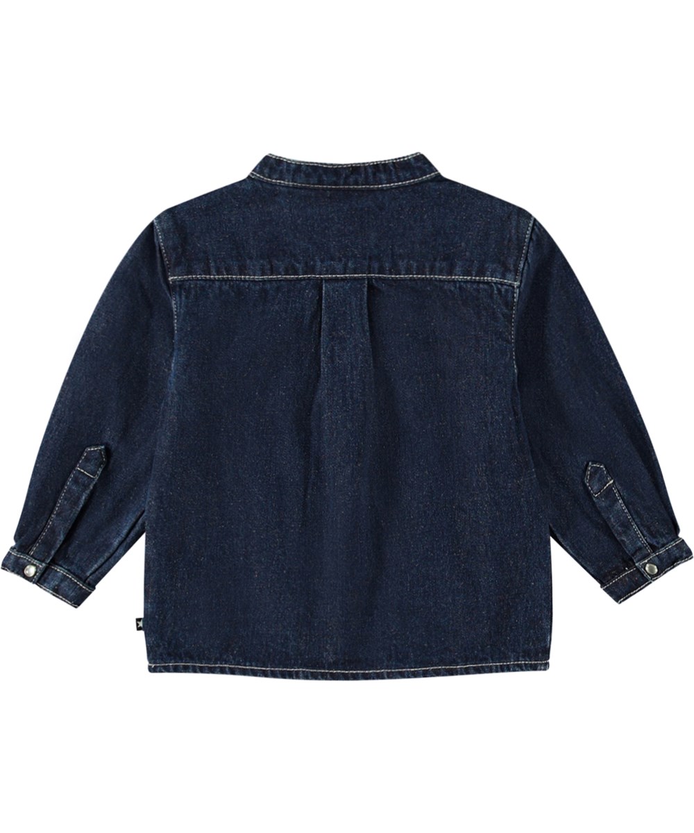 Enoz - Oceanic Denim - Mörkblå jeansskjorta för barn med krage, lös passform, vit broderad smiley.