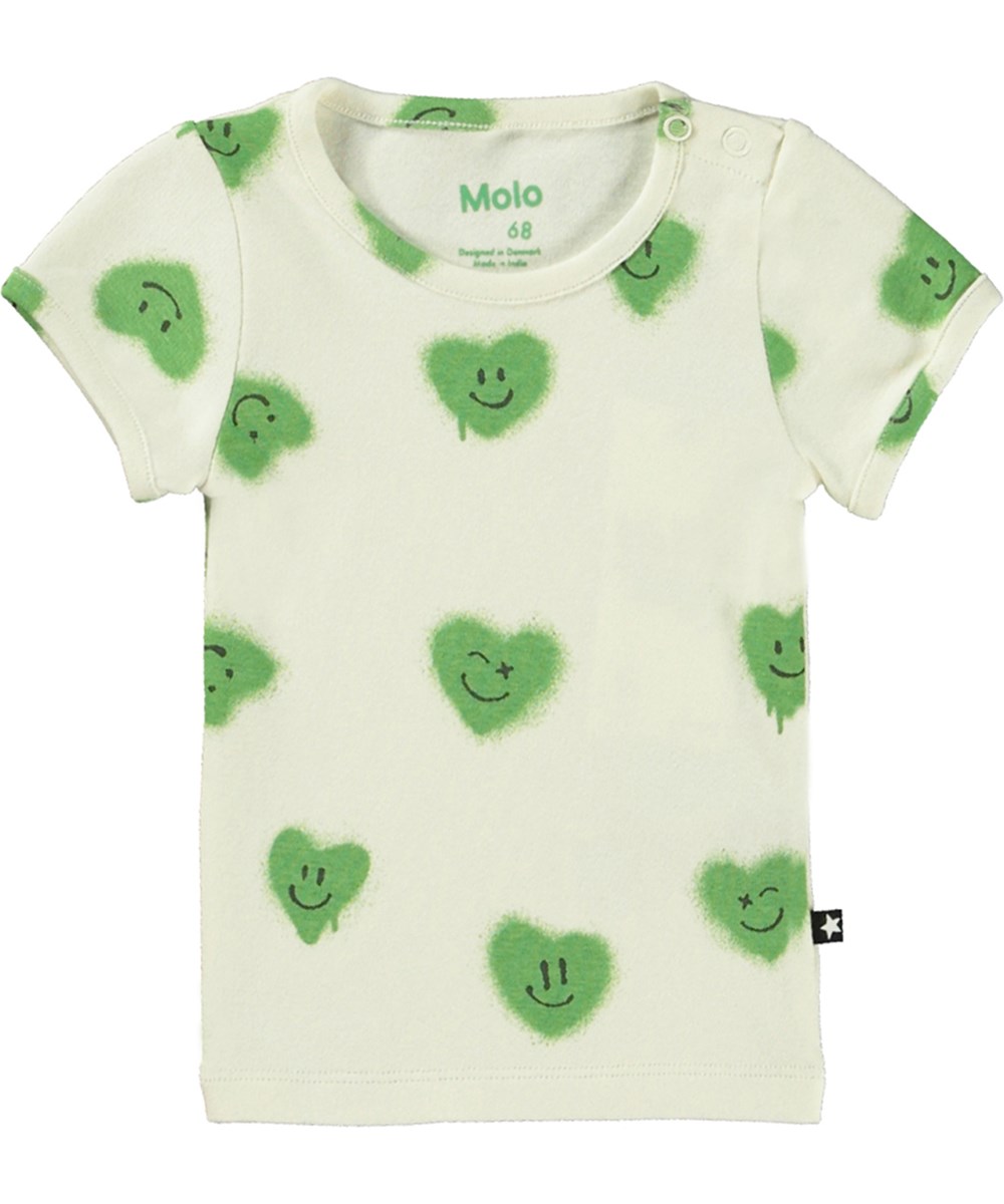 Easy - Hearts - Ljusgrön t-shirt till baby i ekologisk bomullsjersey med smileyhjärtan. 