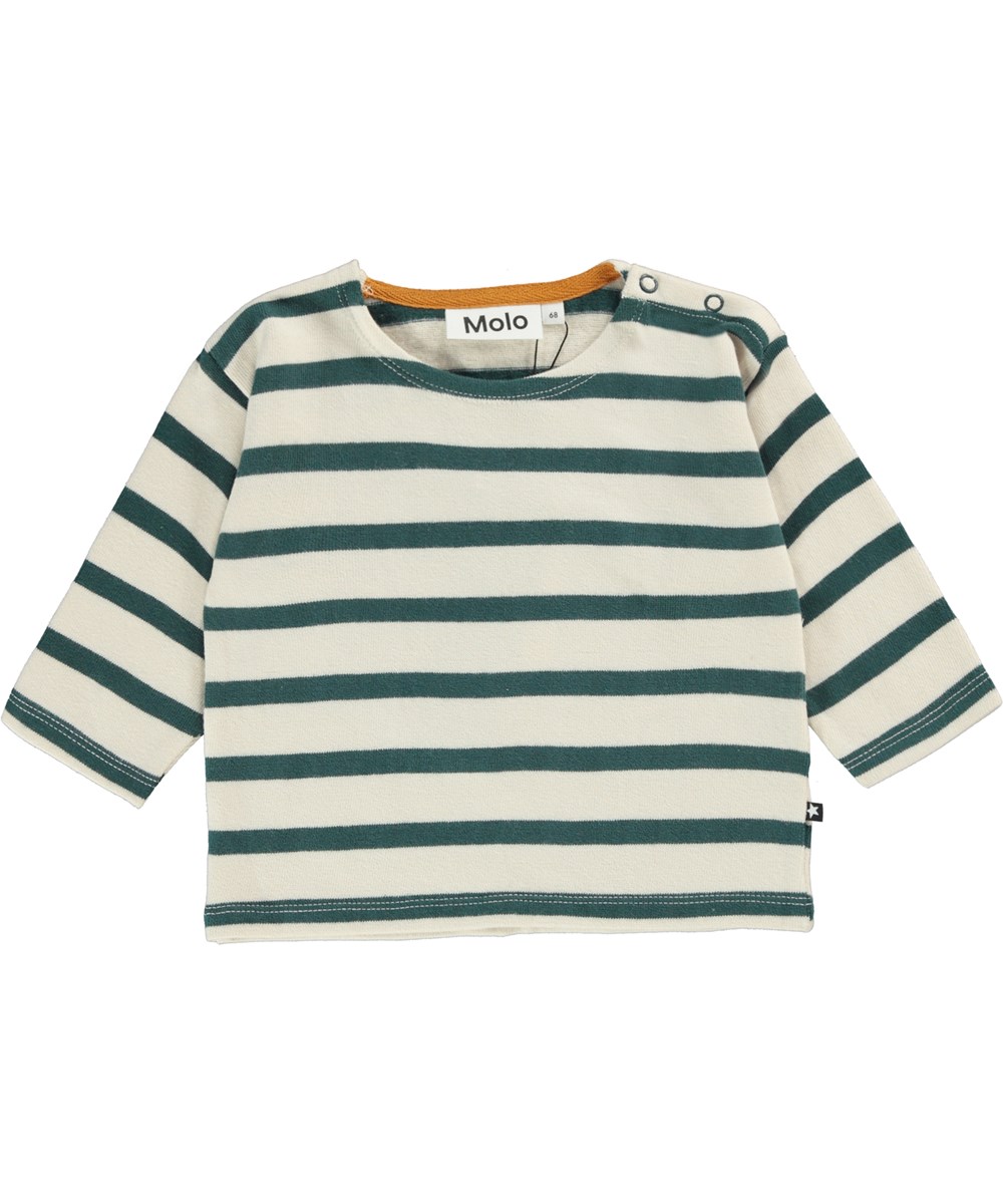 Edarko - Wild Ivory Stripe - Ekologisk vit- och grönrandig babytröja.