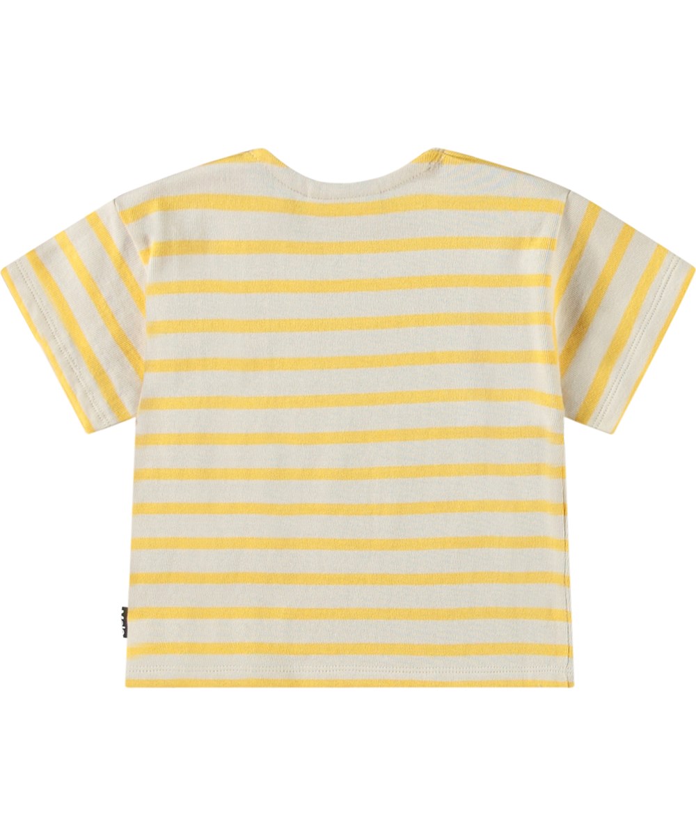 Eivor - Mimosa Stripe - Randig t-shirt i gult och beige med korta ärmar i ekologisk bomull för en baby.