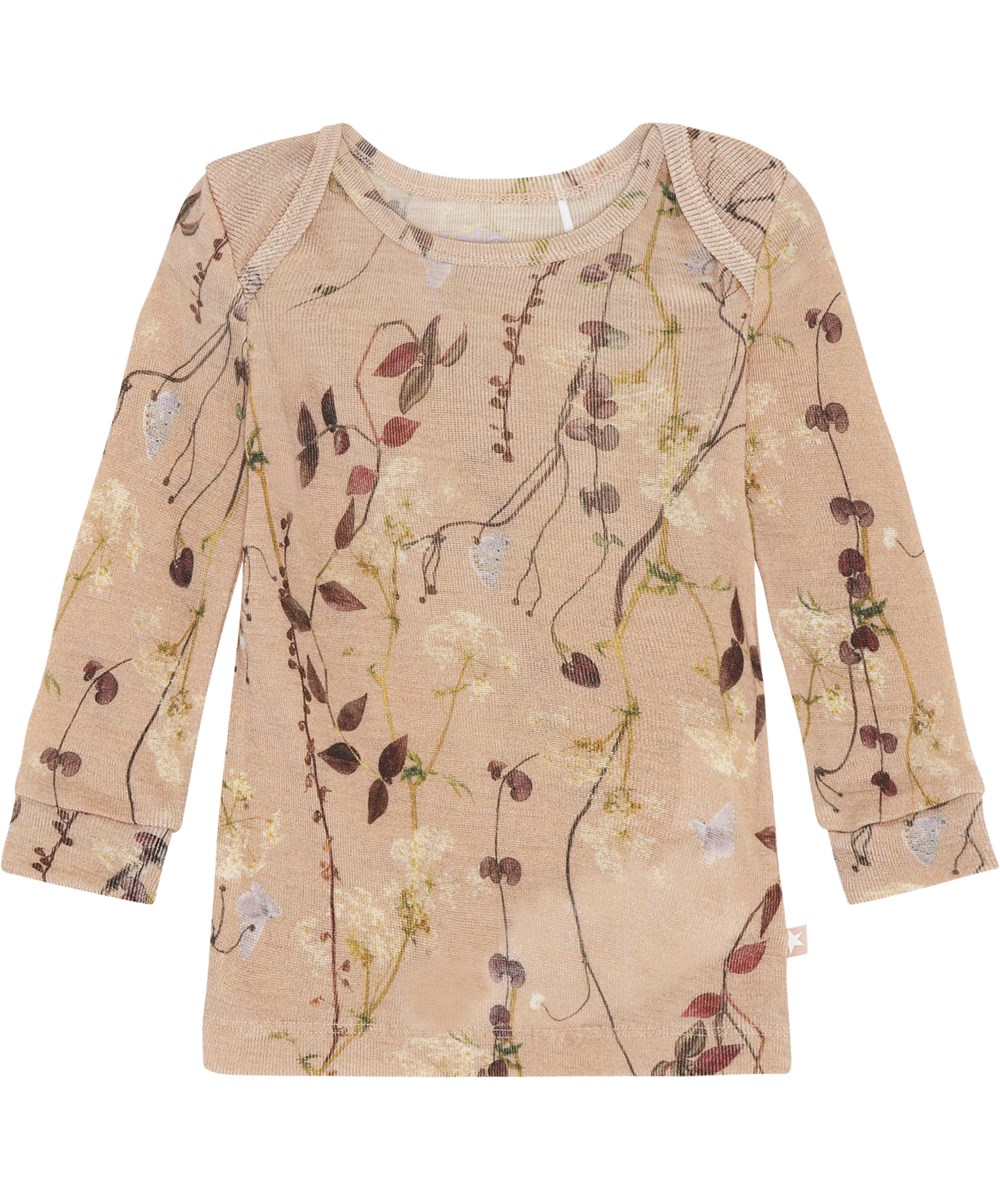Eli - Delicate Branches - Rosa ulltröja till baby med blommor och blad.