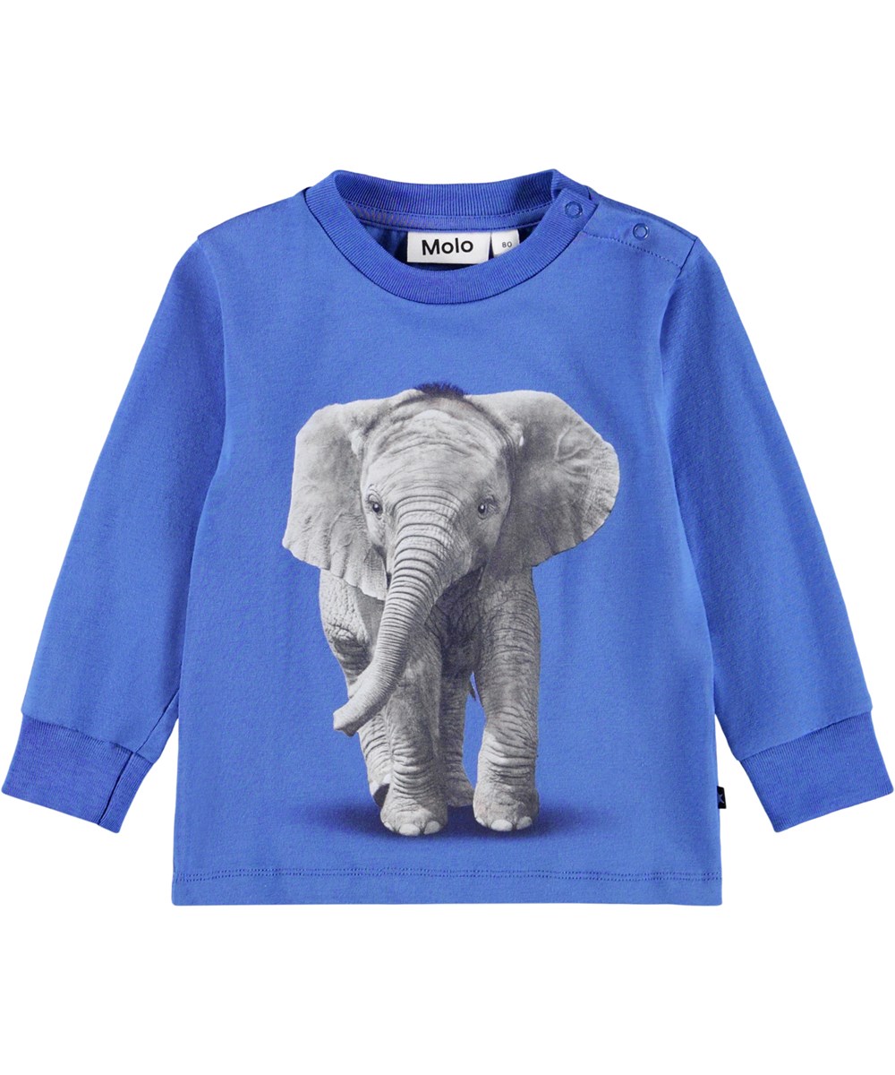 Eloy - Baby Elephant - Blå babyblus i ekologisk bomullsjersey med en babyelefant.