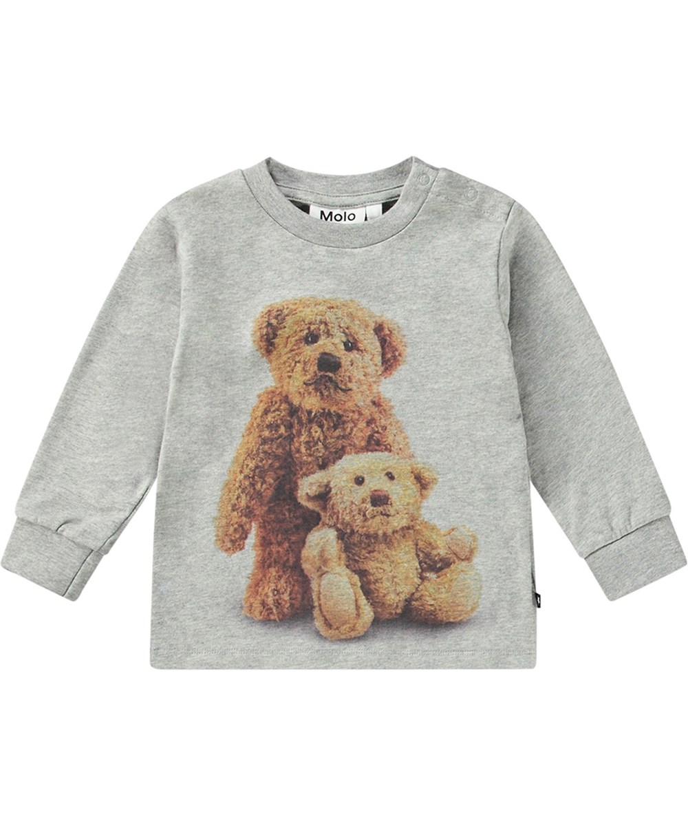 Eloy - Furry Friends_Tee - Gråmelange tröja i ekologisk bomulls-jersey med tryck av teddybjörn.