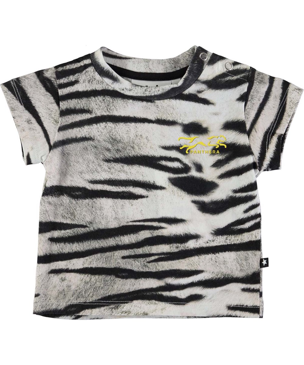 Emilio - Tiger White - Ekologisk kortärmad babyt-shirt med svart och vitt tigermönster.