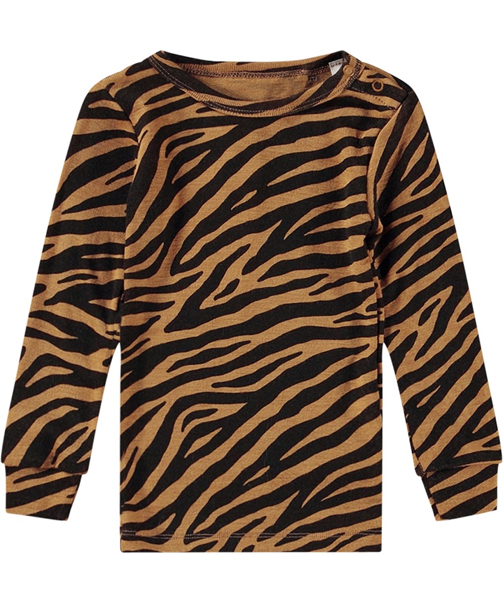 Ena - Zebra Wool - Svart och orange ekologisk merinoullströja med zebramönster.