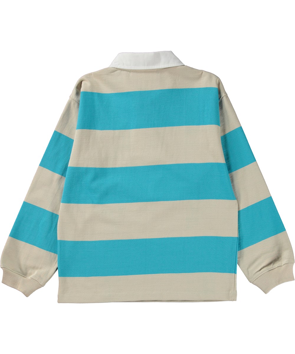 Relz - Turquoise Sand - Taupe och turkosblå bredrandig polotröja i ekologisk bomull. 