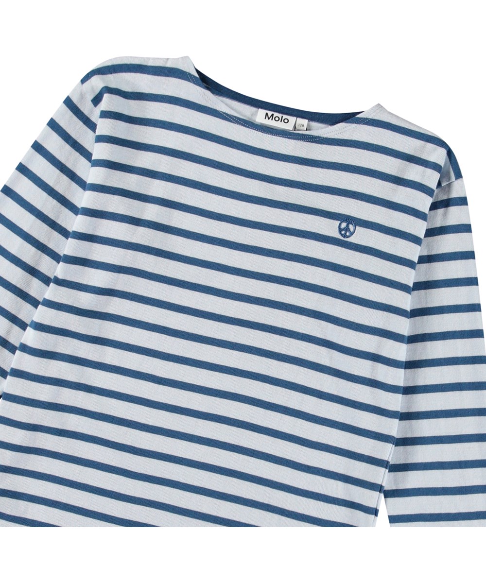 Rilder - Lagoa Stripe - Randig blå och ljusblå långärmad topp för barn i mjuk ekologisk bomull med långa ärmar och intern halsband.