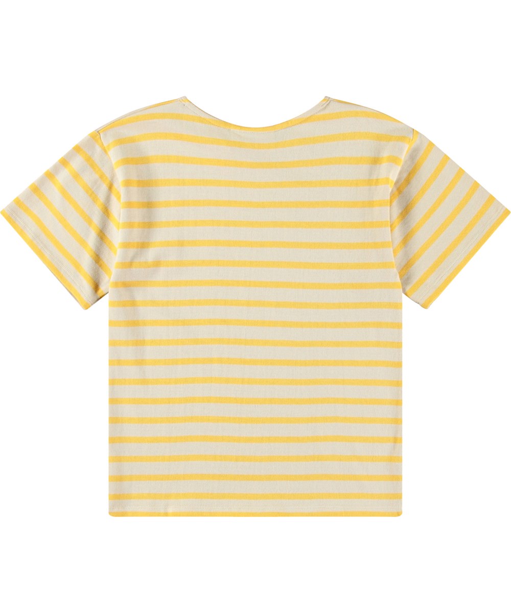 Rilee - Mimosa Stripe - Randig beige och gul t-shirt för barn i mjuk ekologisk bomull med korta ärmar och innerband i halsen.