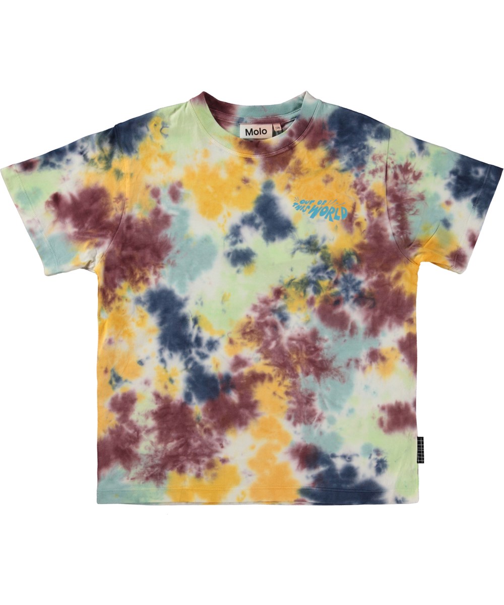 Rodney - Colour Mash - Multifärgad ekologisk t-shirt med tie-dye och rymdvarelser.