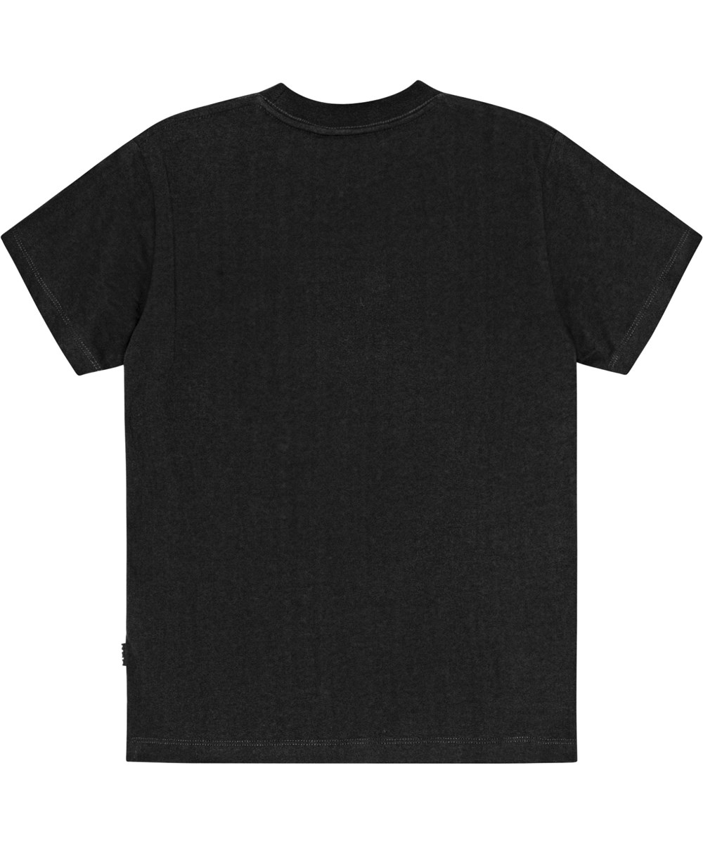 Roxo - Black - Molo x Plan International svart T-shirt i ekologisk bomull med en stor smiley tryckt på framsidan.