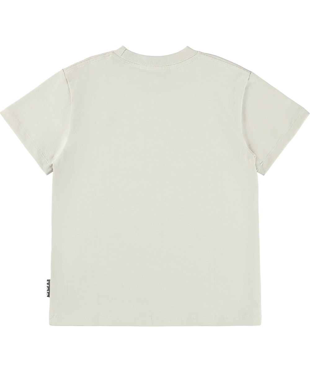 Roxo - Cat - Beige T-shirt för barn i mjuk ekologisk bomull med korta ärmar och en ribbad halsringning.