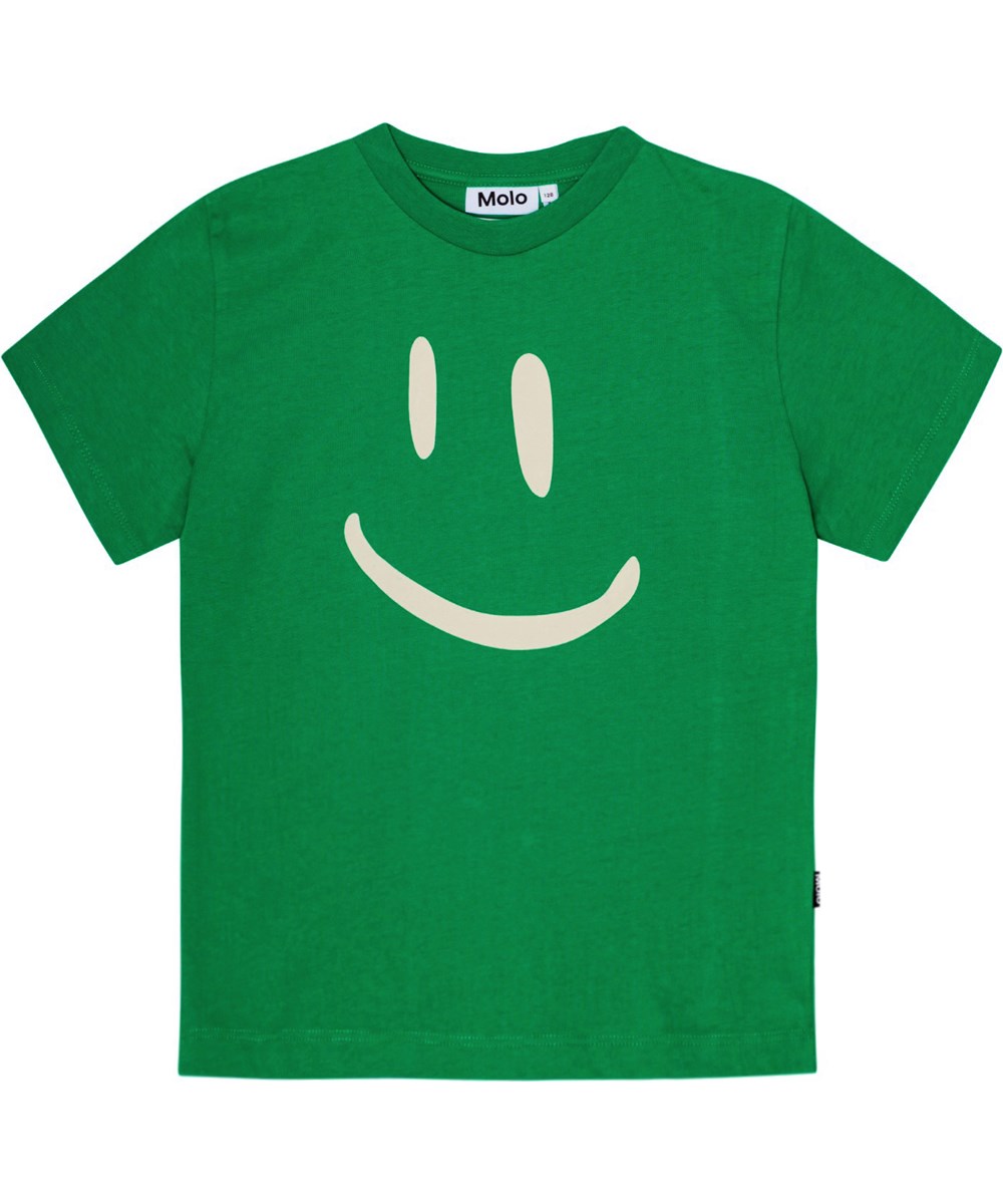 Roxo - Fresh Pine - Molo x Plan International grön T-shirt i ekologisk bomull med en stor smiley tryckt på framsidan.