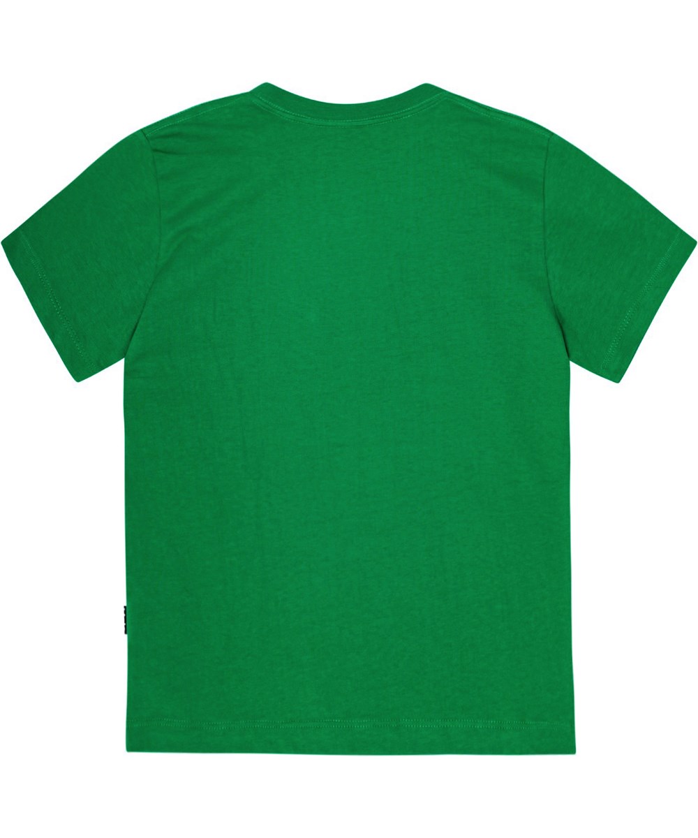 Roxo - Fresh Pine - Molo x Plan International grön T-shirt i ekologisk bomull med en stor smiley tryckt på framsidan.