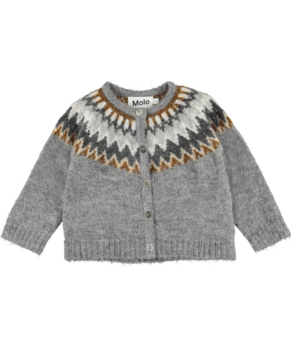 Bay - Nordic Knit - Grå stickad babykofta med nordiskt mönster.