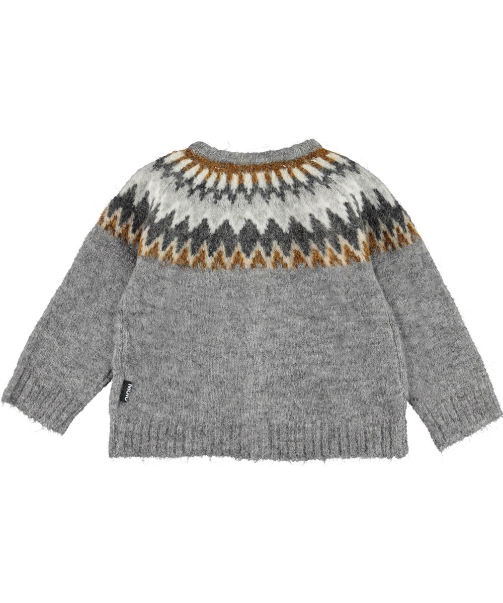 Bay - Nordic Knit - Grå stickad babykofta med nordiskt mönster.