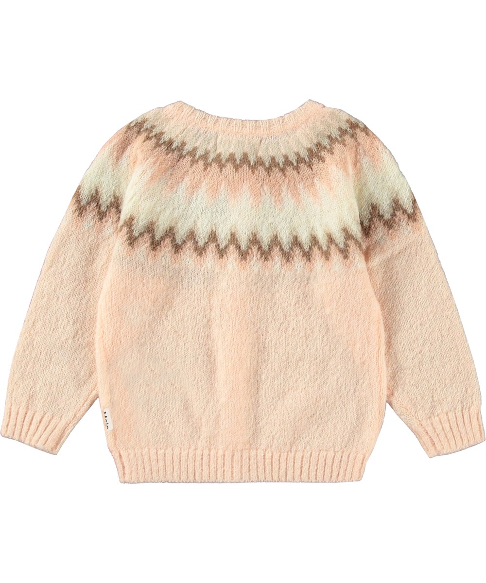 Bay - Petal Blush - Rosa nordiskt mönstrad stickad kofta med ribbade kanter och knappar.