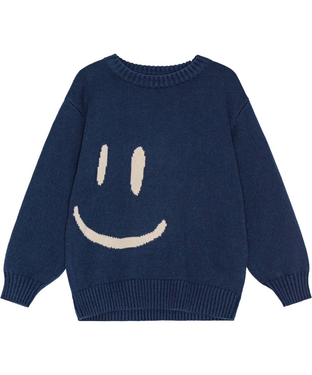 Bello - Big Smile - Löst sittande mörkblå stickad tröja med mönster av smileys.