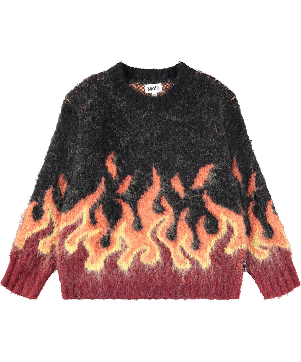 Bello - Flames - Stickad tröja för barn i röda och svarta toner gjord av en fluffig alpackaullsblandning.