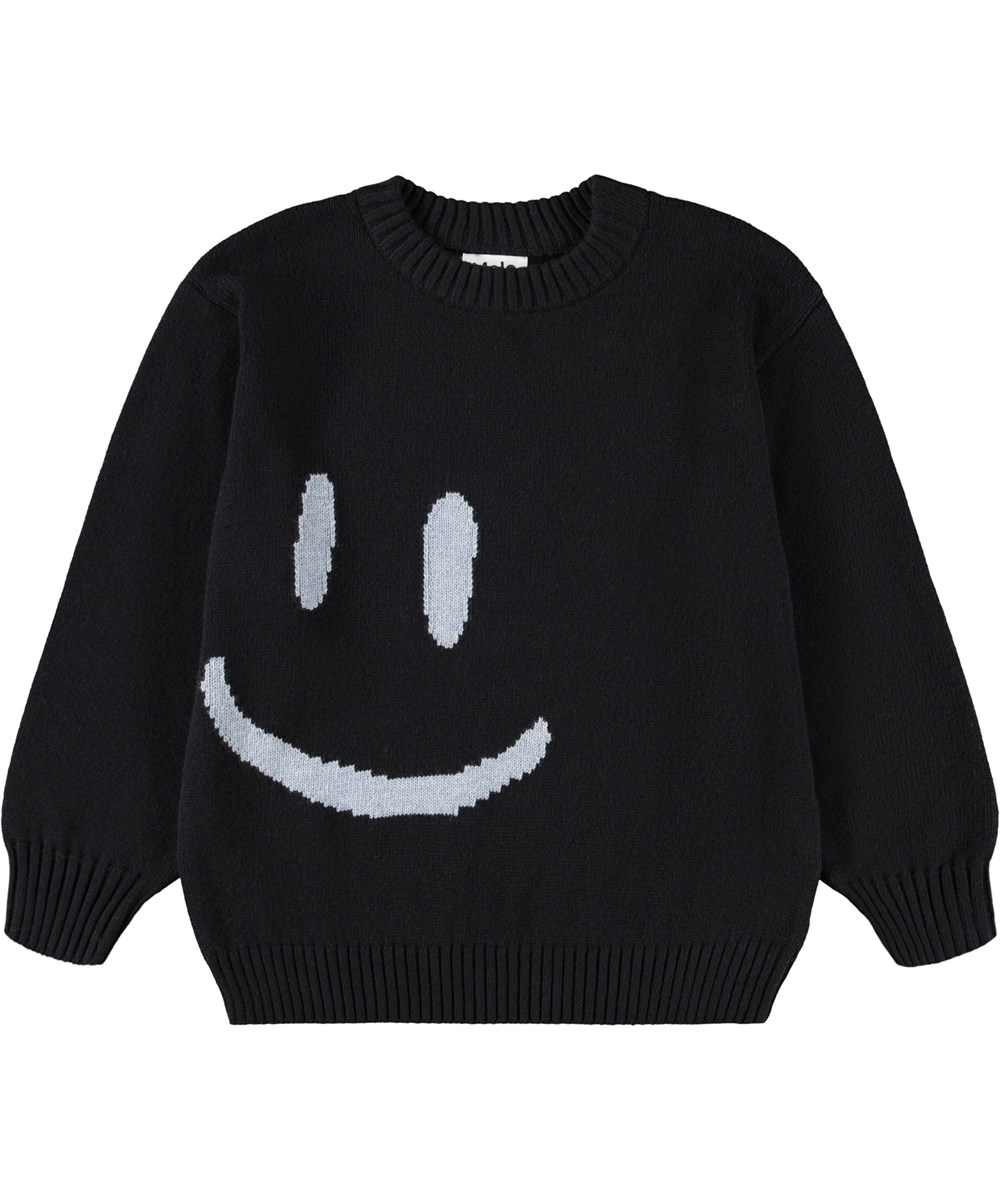 Bello - Smile Smile - Svart stickad tröja för barn gjord av en blandning av ull och bomull med ett leende ansikte.