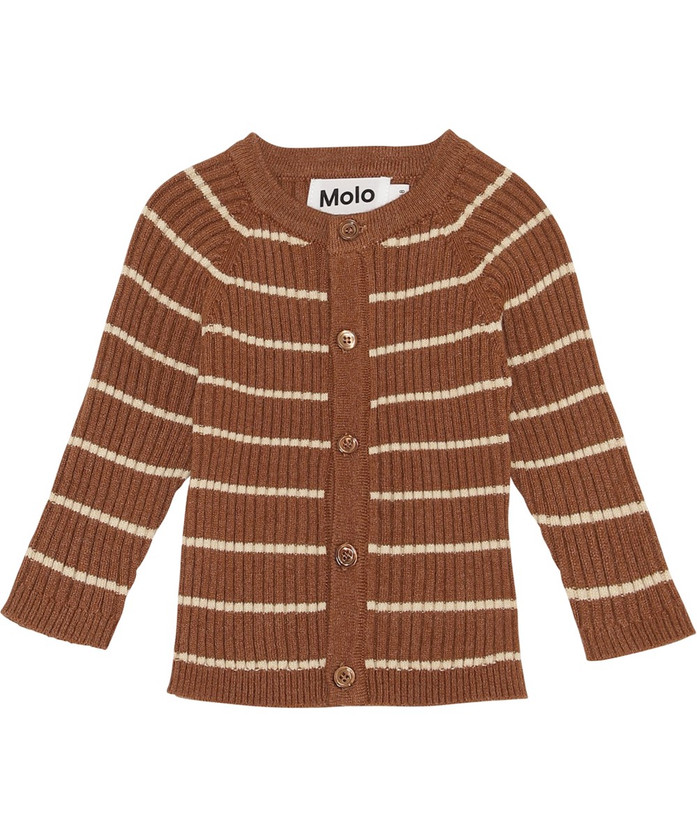 Bendix - Tawny Stripe - Brun stickad kofta i ribb med vita smala ränder.