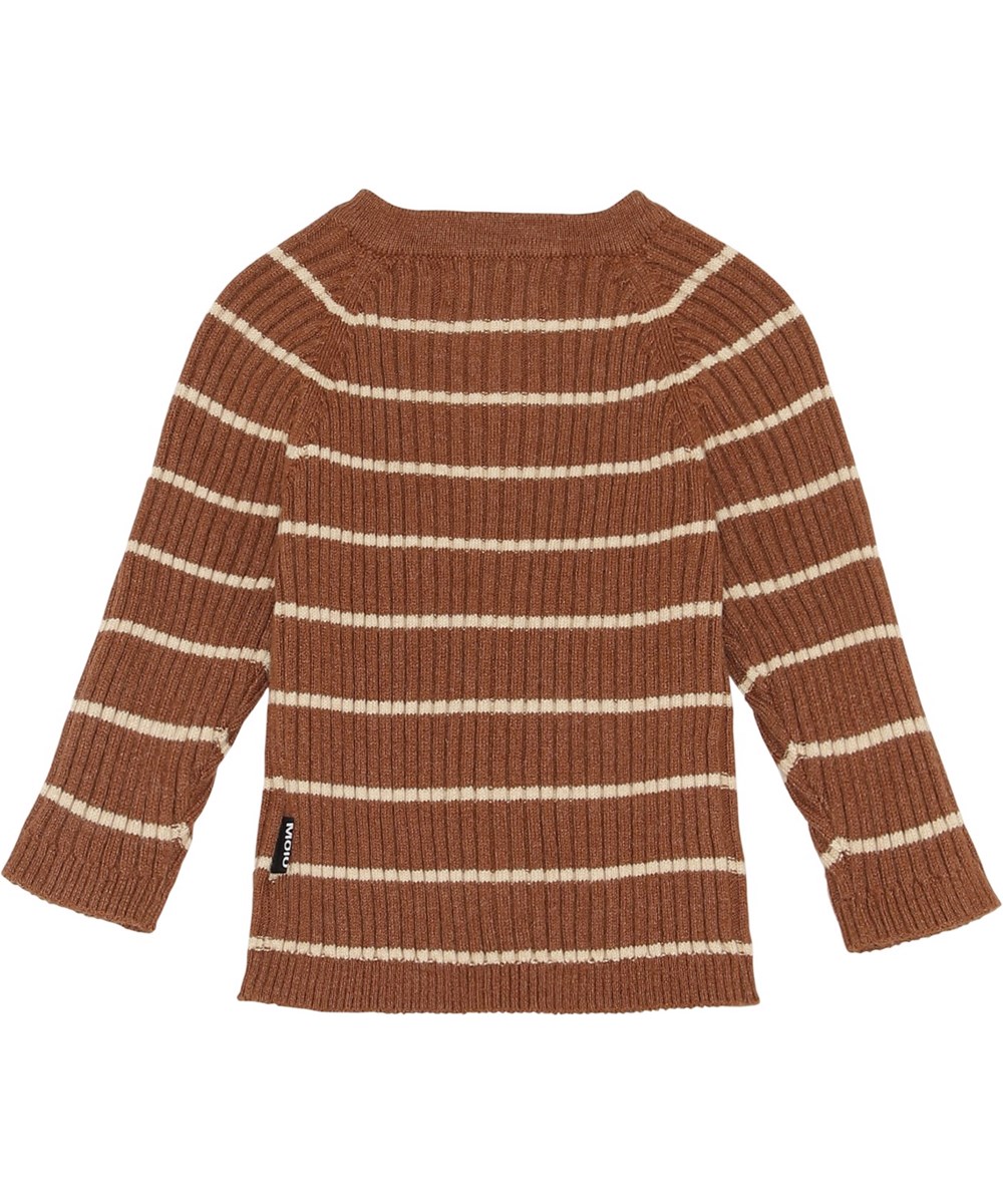 Bendix - Tawny Stripe - Brun stickad kofta i ribb med vita smala ränder.