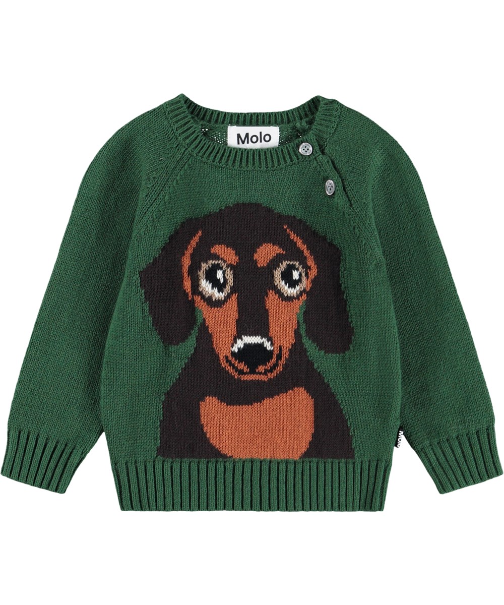 Bless - Dachs Puppy - Mörkgrön stickad tröja för de minsta i en mjuk bomulls- och ullblandning med en hund på framsidan.