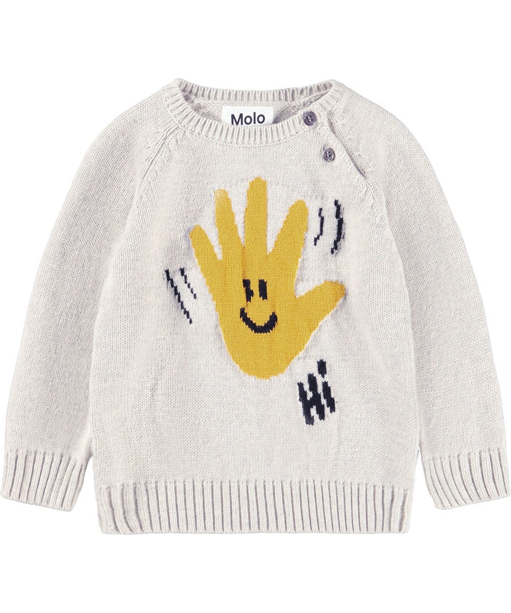 Bless - Happy Hands - Beige stickad tröja för de minsta i en mjuk bomulls- och ullblandning med en hund på framsidan.