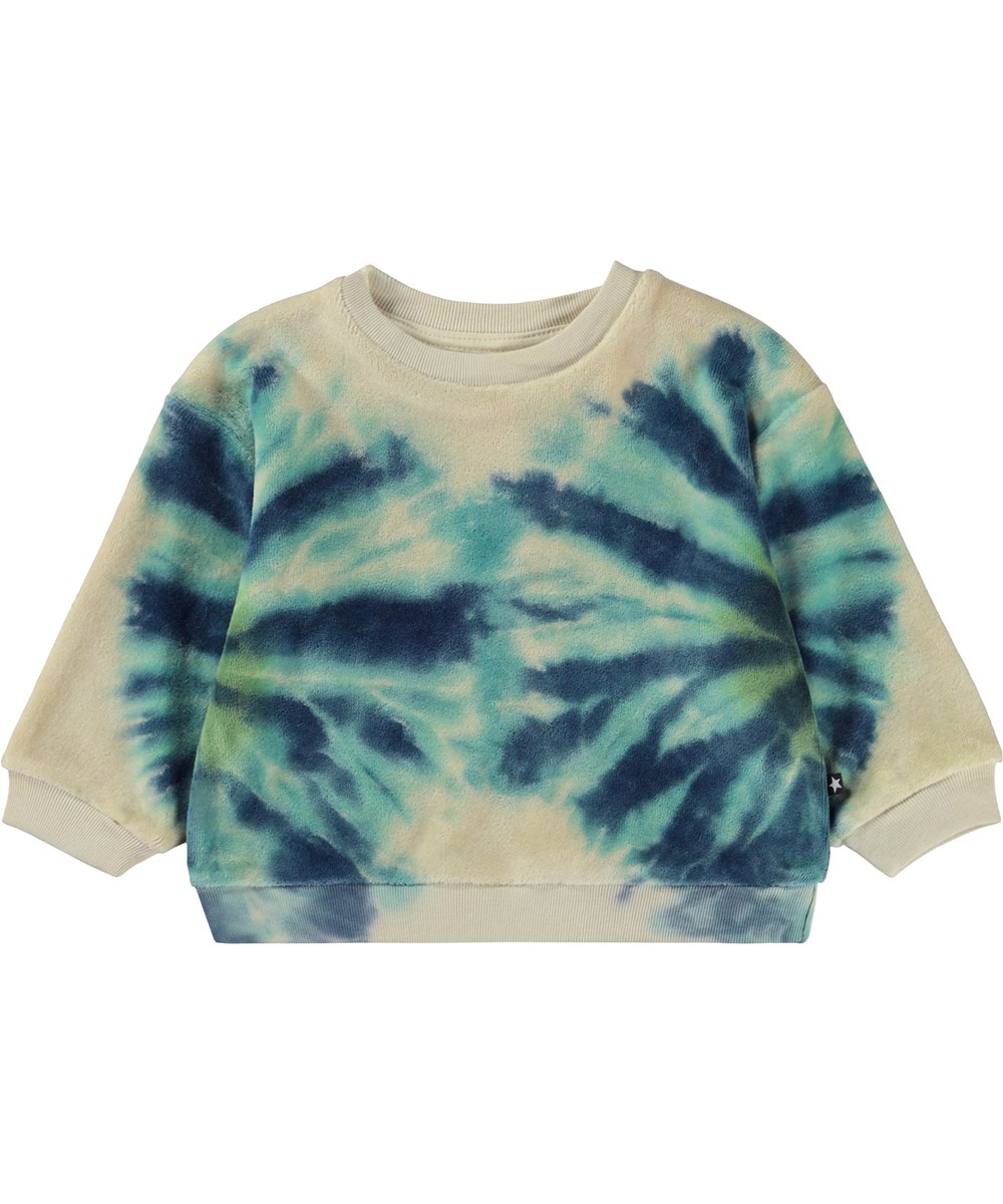 Dear - Tie Dye Blues - Beige ekologisk babytröja i bomullsvelour med blått tie-dye.