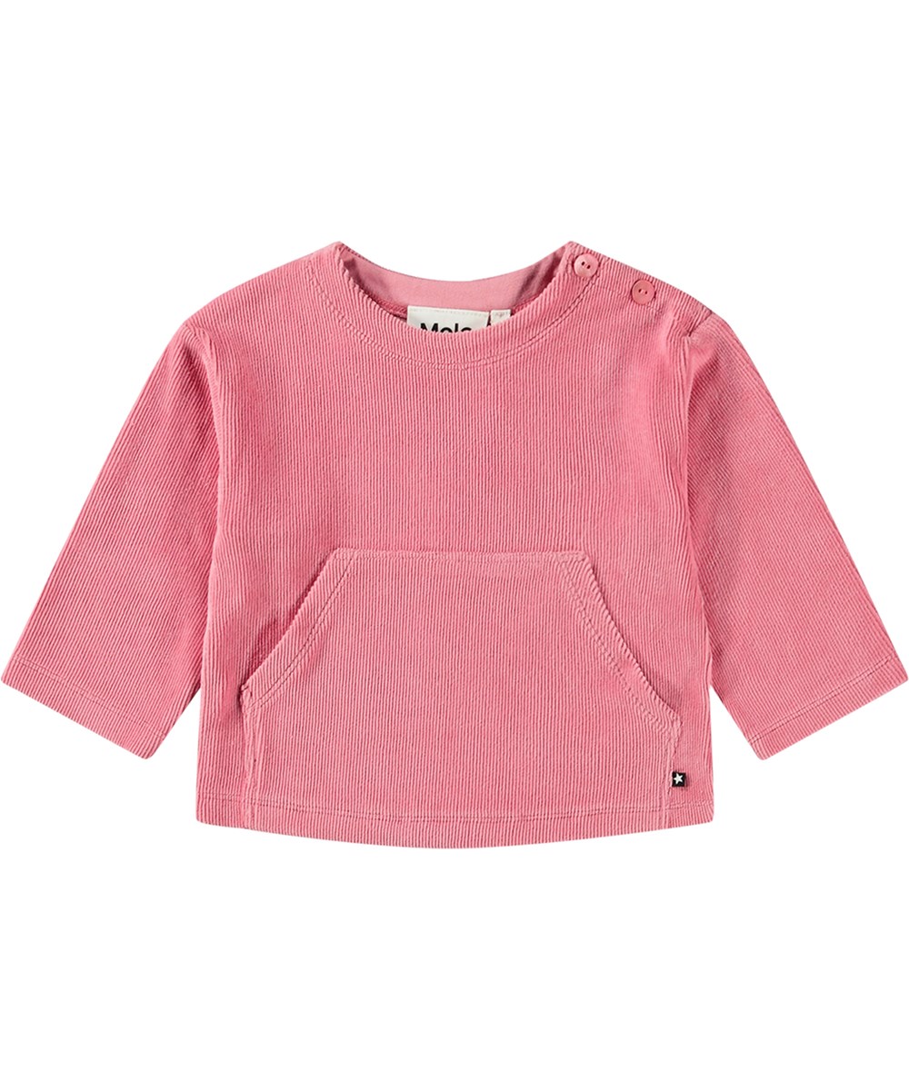 Dimi - Flamingo Plume - Mjuk ribbad sammetströja i rosa för de små med känguruficka.