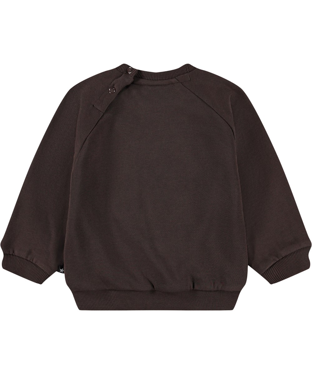 Disc - Dark Cocoa - Mörkbrun sweatshirt för de minsta i mjuk ekologisk bomull med ett broderat nalle ansikte på framsidan.