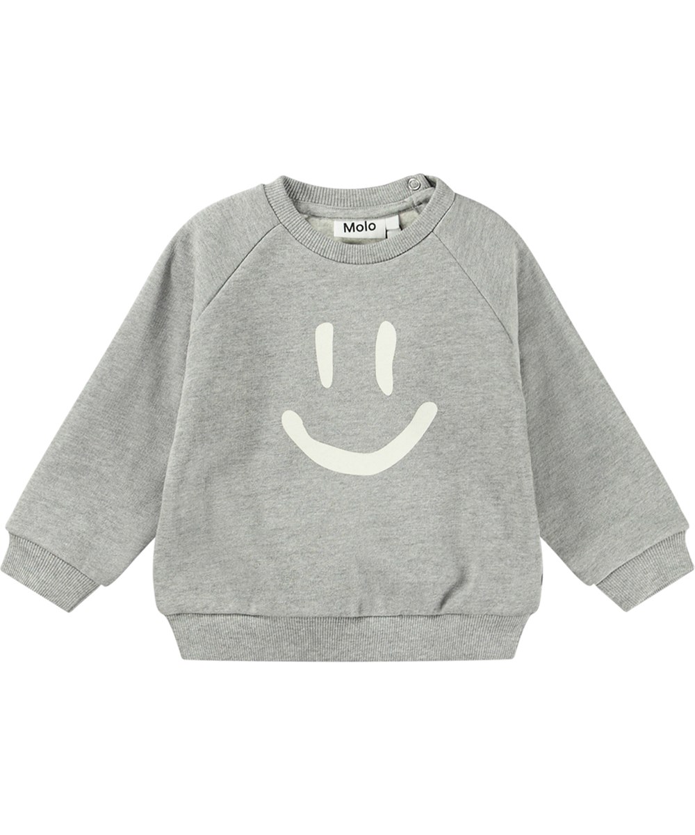 Disc - Grey Melange - Mjuk grå melange sweatshirt med vitt smileytryck.