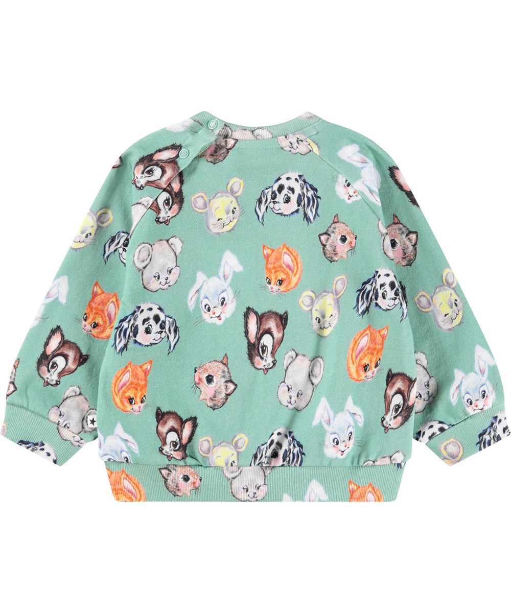 Disc - Itty Bitty - Grön sweatshirt för de minsta i mjuk ekologisk bomull med ett färgglatt mönster av gamla tecknade figurer.