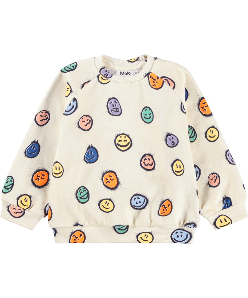 Disc - Multi Moods - Råvit sweatshirt för de minsta i mjuk ekologisk bomull med ansikten i olika humör.