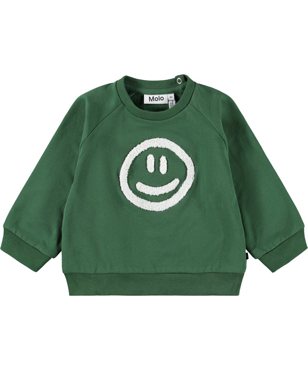Disc - Pine Tree - Mörkgrön sweatshirt för de minsta i mjuk ekologisk bomull med en broderad smiley på framsidan.