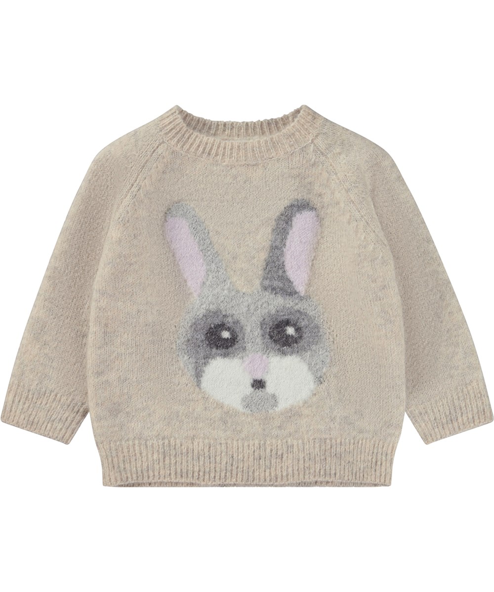 Gilby - Sandy - Beige stickad tröja med kaninmotiv i alpacaull.