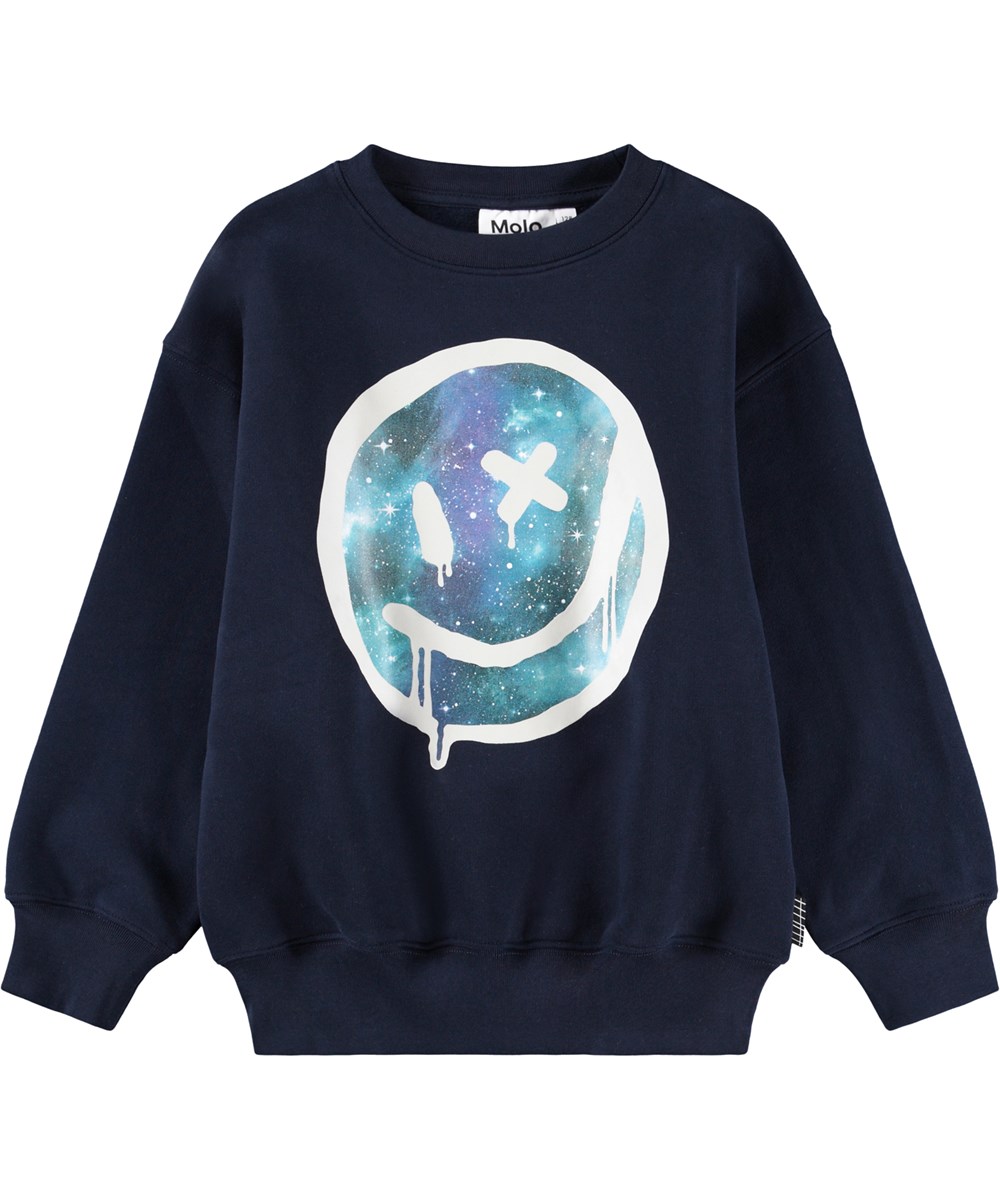 Mar - Drippy Galaxy - Mörkblå sweatshirt för barn i mjuk ekologisk bomull med en stor smiley.