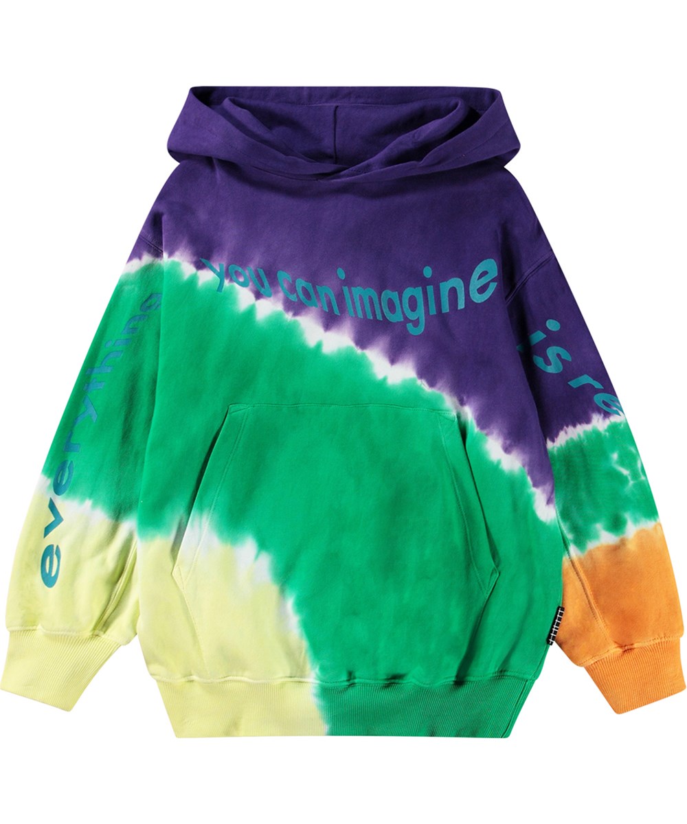 Maxx - Colour Eclipse - Oversized multifärgad tie-dye hoodie i ekologisk bomull med blå texttryck.