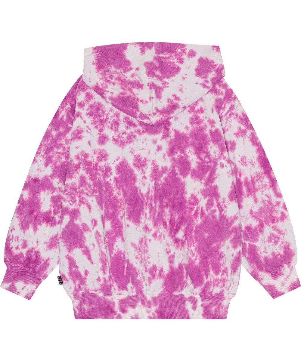 Mazz - Purple Pink Dye - Lila och vite tie-dye luvtröja med dragkedja i ekologisk bomullsjersey.